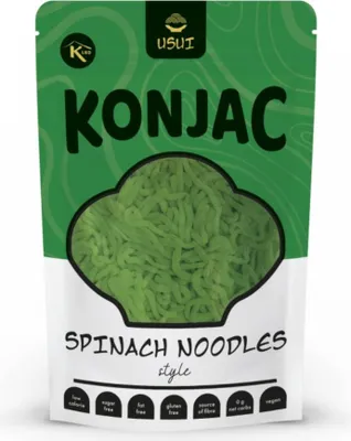 Zdjęcie produktu dla Keto Pasta Konjak Konjac USUI bezglutenowy organiczny makaron konjac z piklowanym szpinakiem | 270 g (9 kcal, 0 g węglowodanów)