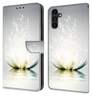 A flip phone case with a lotus flower design is shown open and closed.