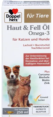 Immagine prodotto di Double Heart Skin & Fur Oil Omega 3 per cani e gatti per sostenere la funzione della pelle in caso di dermatosi e perdita eccessiva di pelo, soluzione da 250 ml