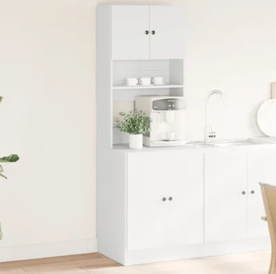 A white kitchen cabinet unit with a water dispenser and cups on a shelf.