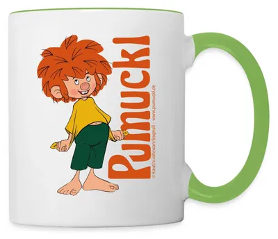 Produktbild von Spreadshirt Pumuckl Mit Verschmitztem Lächeln Und Logo Tasse Zweifarbig, One size, Weiß/Geckogrün