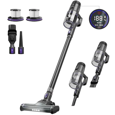 A collection of vacuum cleaner parts and accessories, including the main unit, filters, and attachments, displayed against a white background.