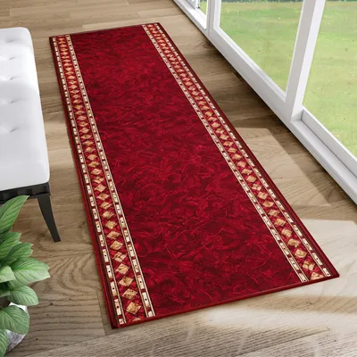 Produktbild von Läufer Teppich Meterware Flur Brücke Wohnzimmer Schlafzimmer Kurzflor Modern Design Rutschfest Rot Gelb Meliert Küche 67 x 160