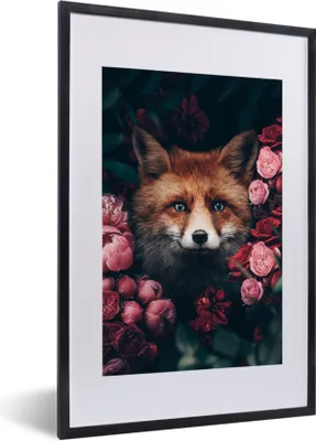 Produktbild von MuchoWow® Gerahmtes Poster Fuchs - Blumen - Tiere 40x60 cm - Poster mit Schwarzem Bilderrahmen Wandposter Rahmen Foto Bilder - Poster in Rahmen