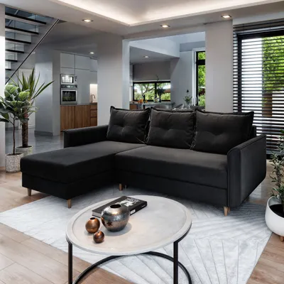 Zdjęcie produktu dla Masseno Narożnik PISAN L-S z funkcją spania i pojemnikiem na pościel Kształt L, Rozkładana sofa, Rogówka - Czarny, KRONOS 07