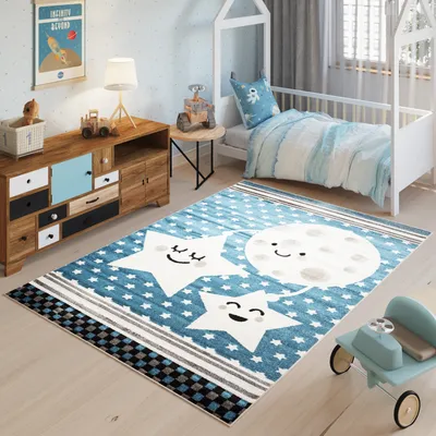 Image de Tapis Salle de séjour Chambre à coucher Modernes Design Enfants Bleu Noir Blanc Étoiles Chambre Jeunes Tapis de jeu 200 x 300 cm