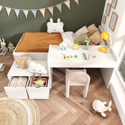 A child's bedroom with a bed, desk, and toys.