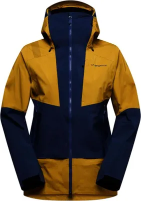 Zweifarbige La Sportiva Sender GTX Performance Jkt W Jacke in Gelb und Dunkelblau mit Kapuze und Reißverschluss vorne