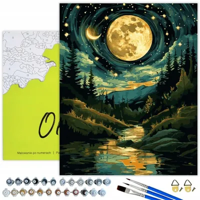 Produktbild von Oh Art! Malen Nach Zahlen Mond Und Sterne – 40x50 cm, Set Leinwand Auf Schwarzem Hintergrund Mit Goldener Farbe, Acrylfarben, 3 Pinseln und Holzrahmen