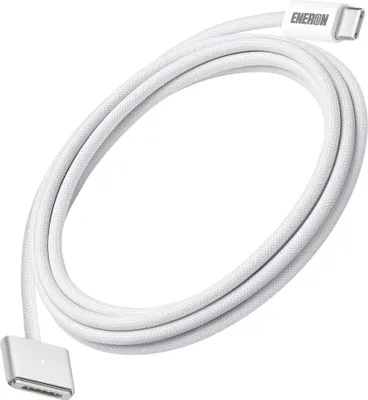 A white charging cable with a MagSafe 3 connector on one end and a USB-C connector on the other.