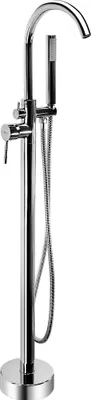 A chrome floor-standing bathtub faucet with a handheld showerhead.