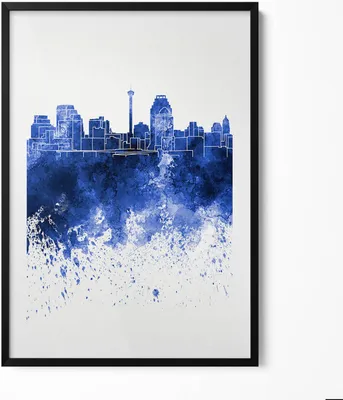 Produktbild von Panorama von San Antonio Aquarell– Wandbild mit Rahmen – Gerahmtes Bild  – Wanddekoration – 70x100 cm –  Schwarz Rahmen