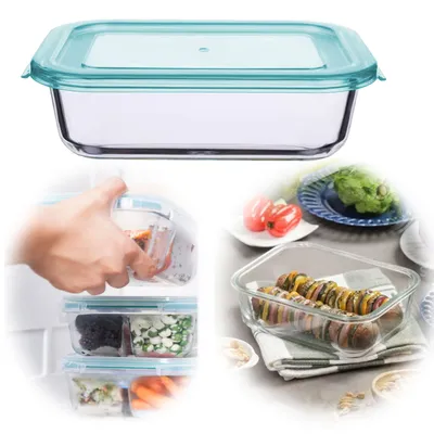 A collage of images showing glass food storage containers, one being placed into a refrigerator, another filled with food, and a third containing a prepared meal.
