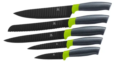 Produktbild von 5tlg. Messerset KING® CARBON GREEN LINE Edelstahl beschichtete Klingen mit Riffelstruktur / im ETUI / Größen: 20cm Kochmesser, 20cm Ausbeinmesser, 20cm Brotmesser, 12.5cm Universalmesser & 8.5cm Gemüsemesser