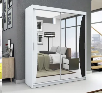 Produktbild von Schwebetürenschrank, 2-türig Schrank mit Spiegel! Moderne Garderobe für Kleidung. Verschiedene Farben (Weiß, Schwarz, Somona) Kleiderschrank NIKO 180 cm