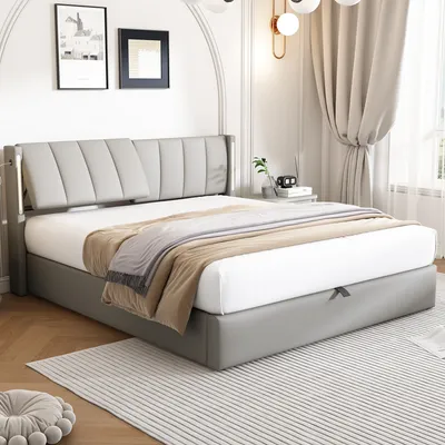 Produktbild von Flieks Polsterbett 160x200cm mit USB, Stauraumbett Doppelbett mit Lattenrost und Verstellbarem Kopfteil, Boxspringbett Jugendbett mit LED, PU, Grau