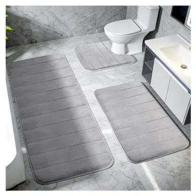 Produktbild von 3-teiliges Badezimmerteppich Set aus Memory Foam, rutschfest und saugfähig, weiche und schnell trocknende Badematten, waschbare Badteppiche für Dusche, WC und Badewanne (Grau)