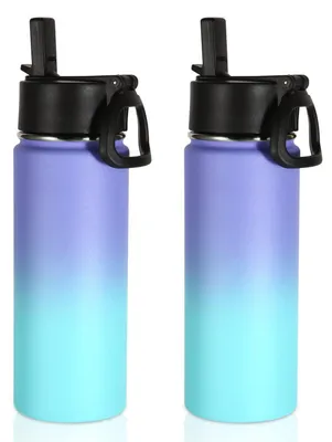 Immagine prodotto di Borraccia per bambini in acciaio inossidabile, 530 ml, isolata sottovuoto, a doppia parete, con cannuccia e manico, priva di BPA, colore viola e blu, set da 2
