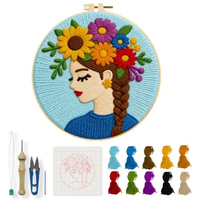 Punch-Nadel-Stickset für Anfänger, Blumenmotiv, 20x20 cm, Komplettset