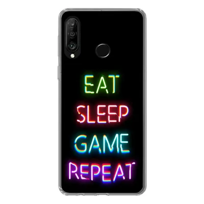 Produktbild von MuchoWow® Handyhülle Schutzhülle Hülle für Huawei P30 Lite Gaming - Led - Zitat - Eat sleep game repeat - Gaming Silikon Softcase Handy Hülle - Handyhülle