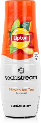 A product shot of a SodaStream Lipton Ice Tea Peach syrup bottle against a white background.