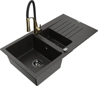 Produktbild von Mexen Matias 1,5-Becken-Granitspüle mit Abtropffläche und Mischbatterie Aster, Schwarz/Gold metallisch - 6502-75-73450-57-B
