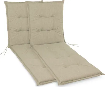 Two beige chaise lounge cushions are shown side-by-side on a white background.