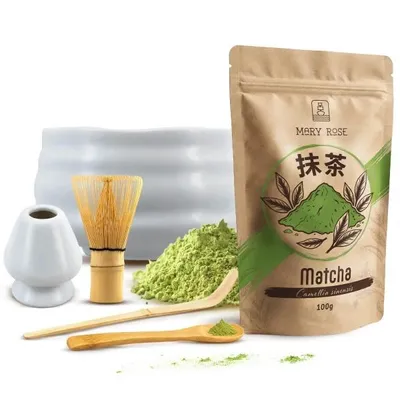 Produktbild von Mary Rose - Matcha Tee Set 100g - Pulver Grüner Tee - Keramik Weiß Matchawan Schale Yuki 500ml, Kusenaoshi Ständer - Bambus Zubehör - Hell Glasiert