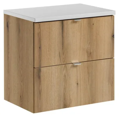 Productafbeelding van Wandmontage badkamermeubelset VANO in eiken- en witlook 60cm: onderkast met lades + blad voor wastafel