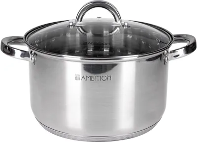 A stainless steel pot with a glass lid is shown against a white background.