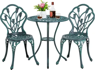 Produktbild von Yaheetech Sitzgruppe 3-teilige Gartenmöbel Set 3 TLG. Bistroset Balkonset Aluminiumguss Gartentisch mit 2 Stühlen Gartengarnitur Gartenmöbel, Grün