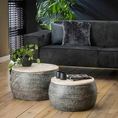 Produktbild von Couchtisch 2er-Set Ø 50/60 cm Stahl / Massivholz Mango