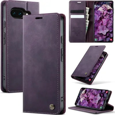 Image de Étui en cuir pour Google Pixel 10A, protection RFID, fermeture magnétique, compartiments pour cartes et fonction support Violet
