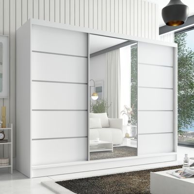 Schwebetürenschrank, 3-türig Schrank 200 cm mit Spiegel AURELIA 1 (Weiß, Schwarz, Sonoma, Eiche Kraft gold)