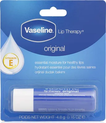 The image shows the retail packaging of Vaseline Lip Therapy Original lip balm.
