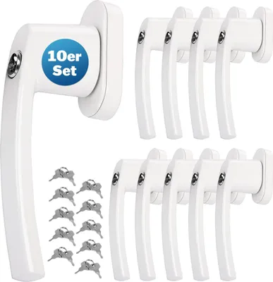 A collection of white window handles with silver locking mechanisms and keys, arranged on a white background.
