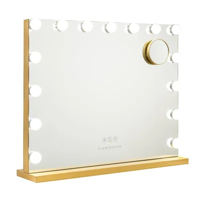 A makeup mirror with LED lights and a gold frame, placed on a white background.