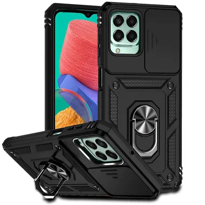 Immagine prodotto di Custodia per Samsung Galaxy M33 a doppio strato con copertura scorrevole della fotocamera e supporto ad anello nero