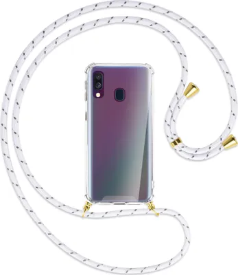 Produktbild von Handykette Backcover-Schutzhülle mit Band (Metall goldfarben) für Samsung Galaxy A40 - weiß/grau