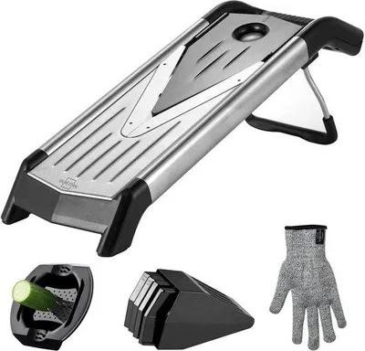 Produktbild von Famanu Gemüseschneider Mandoline mit V-Schneider und Einsätzen - Edelstahl