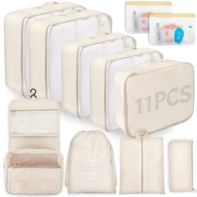 Imagen del producto de Organizador de maletas 11 en 1, juego de cubos para organizar ropa, zapatos y cosméticos, color beige, ideal para viajes
