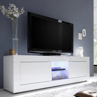 Immagine prodotto di Dmora Mobile Porta tv Massaia 180x43x56h cm Bianco Lucido, un Ripiano Apertura Maniglia