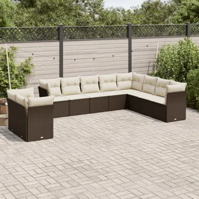 Produktbild von Design 10-tlg. Garten-Sofagarnitur mit Kissen Braun Poly Rattan, Gartenmöbel-Sets 2024 Neu