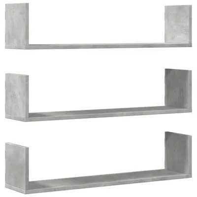 Three concrete-gray shelves are stacked vertically against a white background.