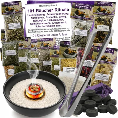 Produktbild von Hausreinigung Räuchern - 20-TLG Räucher-Set 101 Rituale, Schutz, Meditation, Rauhnächte uvm. 12 x Räucherwerk, RÄUCHERSCHALE, Zange, Kohle, Anleitung
