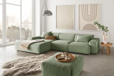 Produktbild von KAWOLA Sofa RANI Ecksofa Cord olivgrün Recamiere links