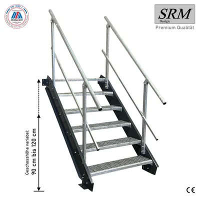 Produktbild von 6 Stufen Stahltreppe anthrazit Breite 80 cm Geschosshöhe 90 - 120 cm 2x Geländer