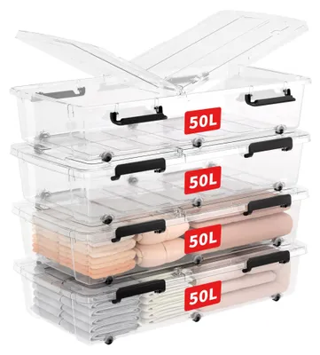 Aufbewahrungsbox 50 l, 4 Stück, stapelbar, transparent, mit Clips