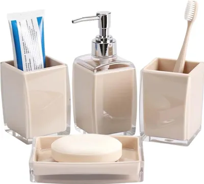 Image de Avizar, ensemble d'accessoires de salle de bain 4 pièces : distributeur de savon, gobelet et porte-savon, beige