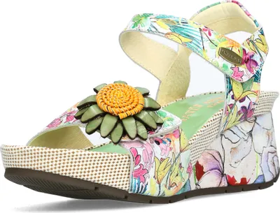 Produktbild von Laura Vita Damen Sandalette Leder mit Blumenmuster und Keilabsatz Barry 36, Größe:37 EU, Farbe:Grün